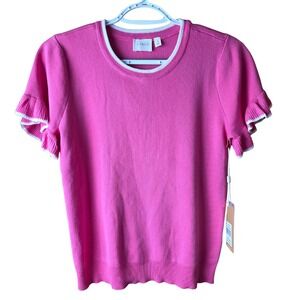 Cyrus NYC Womens S Pink Ruffle Sleeve Knit Sweater Top White Trim NWT
